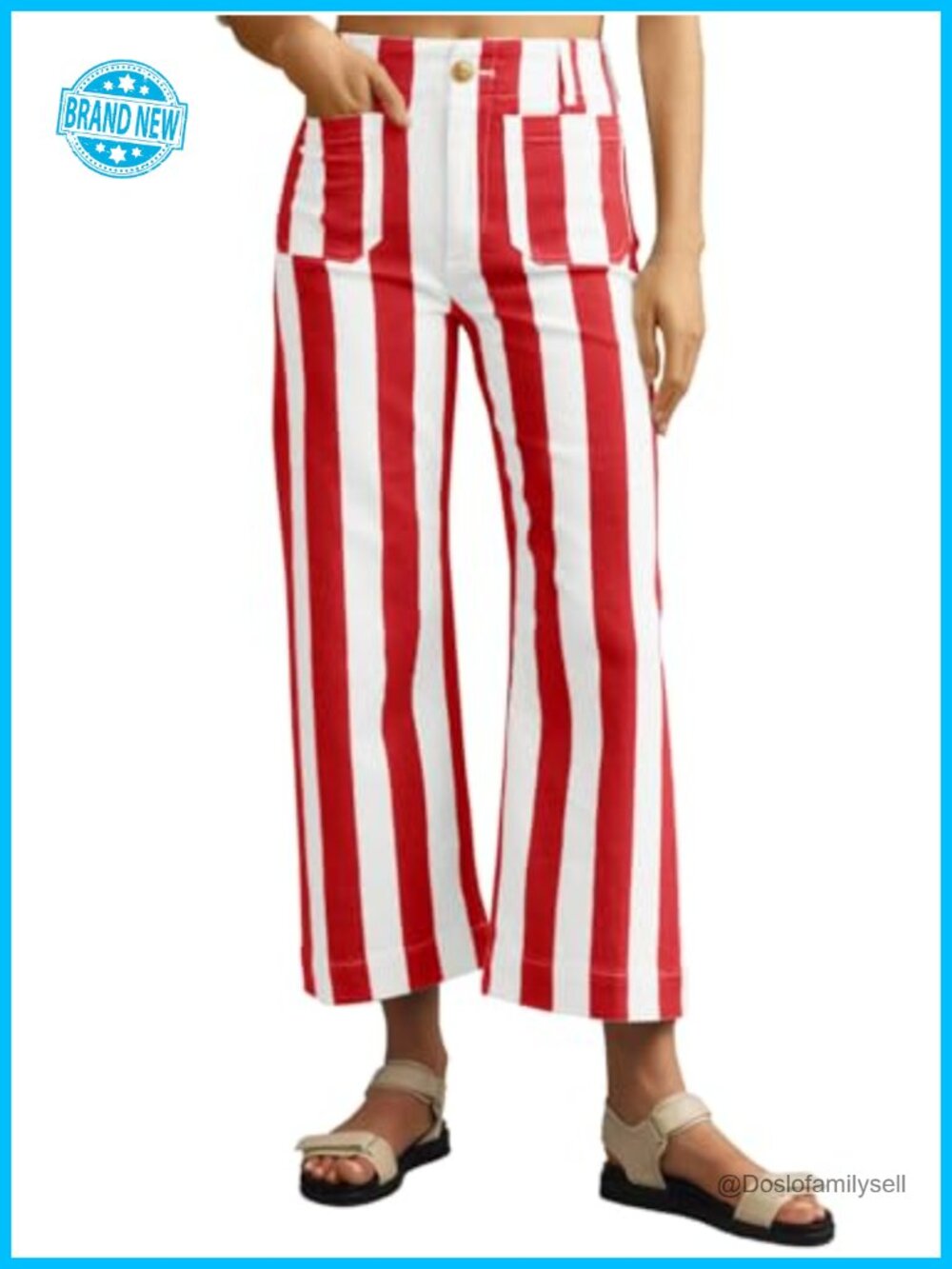 Womens Striped Wide Leg High Waist Cropped Jeans with Pockets